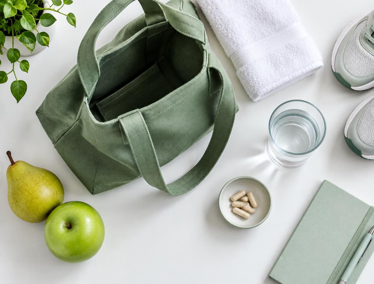 Ilustração de rotina prática: bolsa, caminhada, água e cápsulas